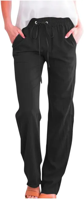 Womens Casual Cotton Linen Pants Lightweight Elastic Waist Pant Summer Fall Lounge Plain Drawstring Trousers, Large