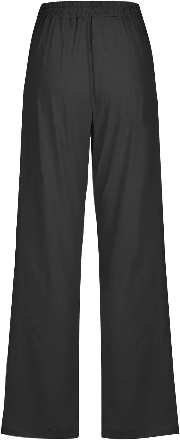 Womens Casual Cotton Linen Pants Lightweight Elastic Waist Pant Summer Fall Lounge Plain Drawstring Trousers, Large