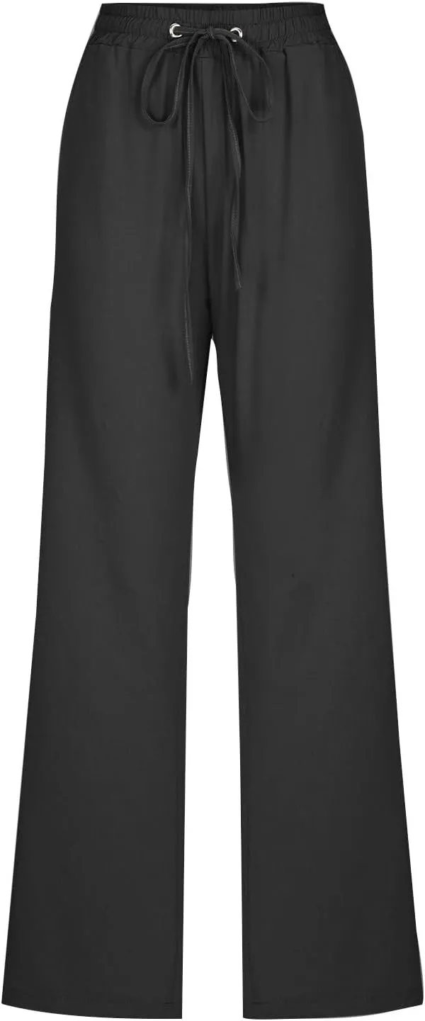 Womens Casual Cotton Linen Pants Lightweight Elastic Waist Pant Summer Fall Lounge Plain Drawstring Trousers, Large