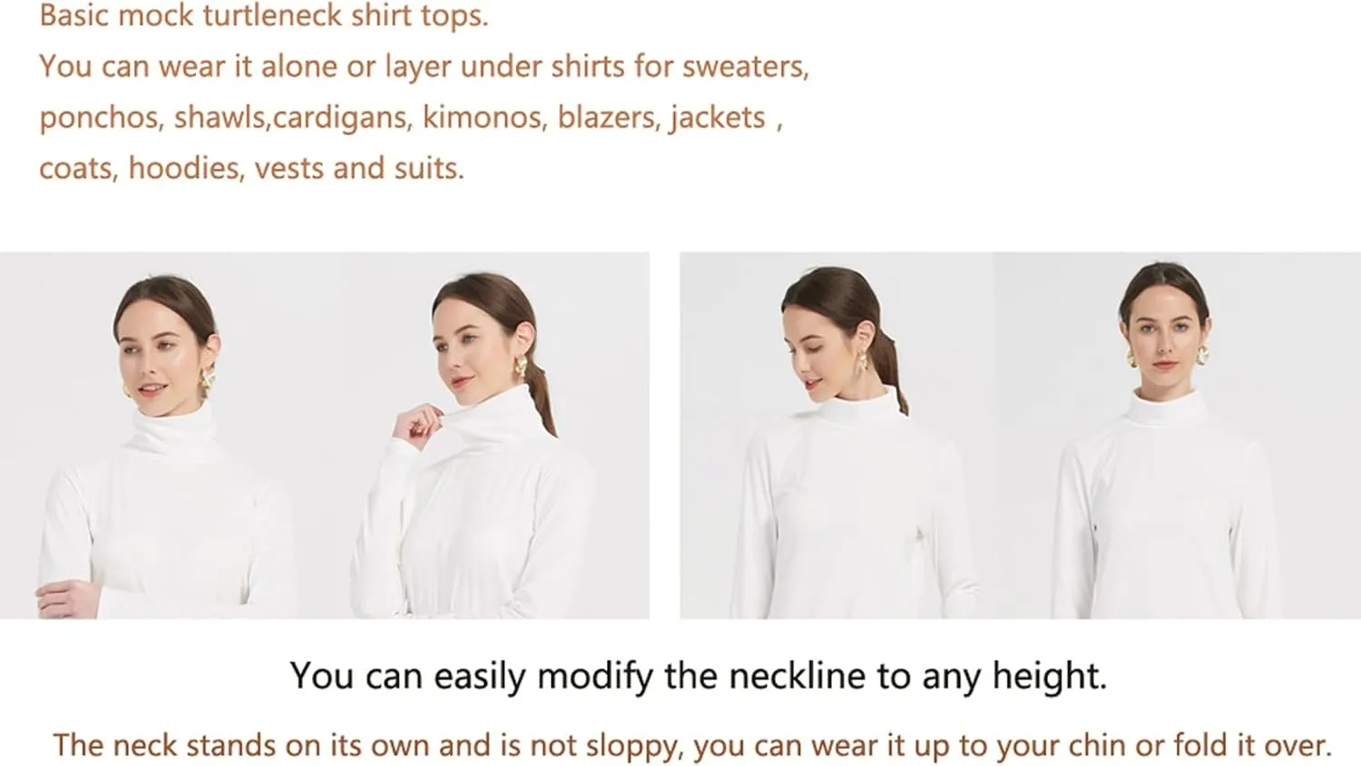 Womens Soft Cotton Long Sleeve Mock Turtleneck Shirts Tops Stretch Underscrubs Layer Tee Tops