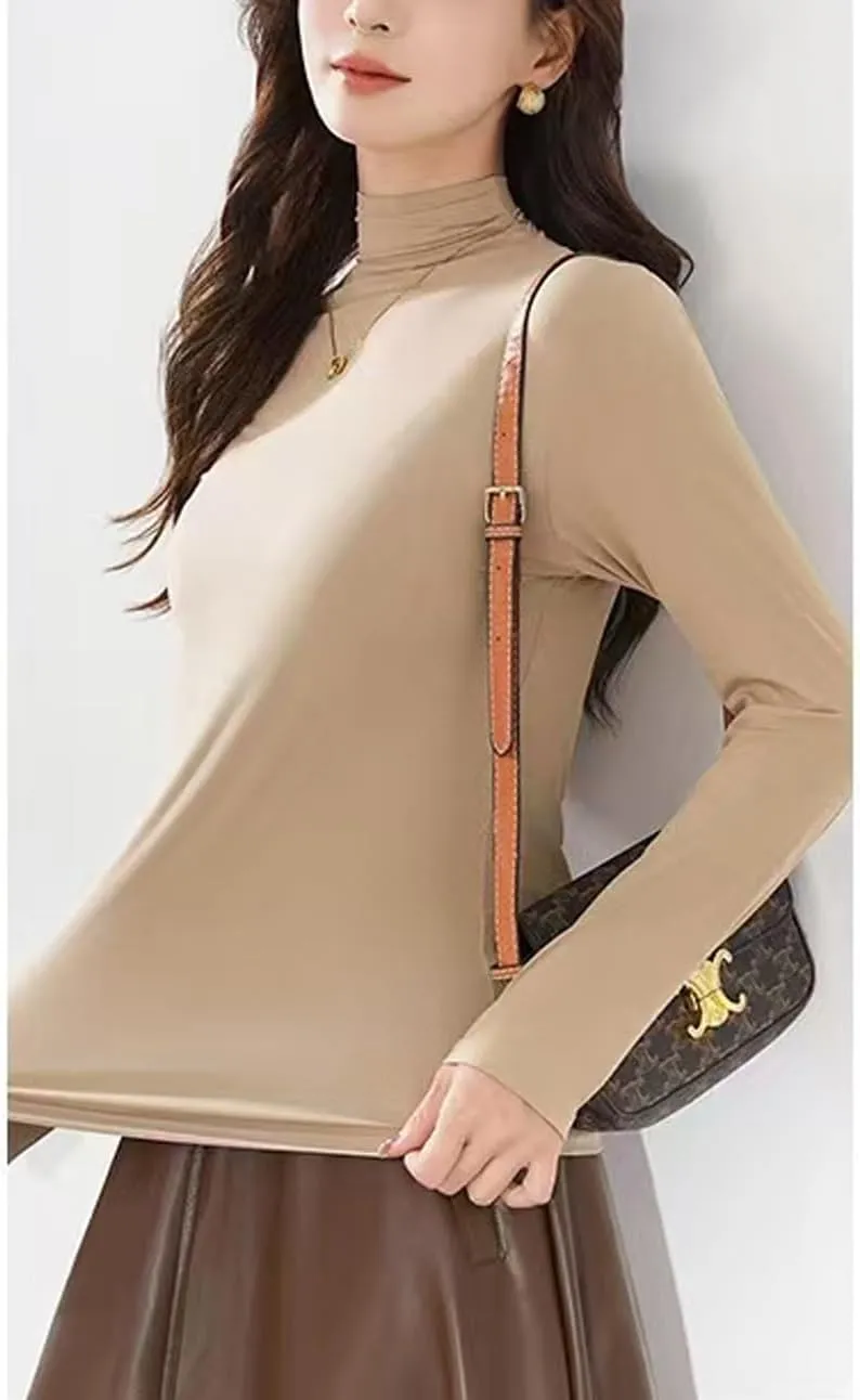Womens Soft Cotton Long Sleeve Mock Turtleneck Shirts Tops Stretch Underscrubs Layer Tee Tops